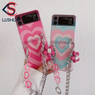 Lushuo เคสโทรศัพท์มือถือ ฝาพับ ไล่โทนสี ลายหัวใจ พร้อมสร้อยข้อมือ สําหรับ Samsung Galaxy Z Flip 3 5G and Z Flip 4 Z Flip3 ZFlip3 ZFlip 3 Z Flip4 ZFlip 4