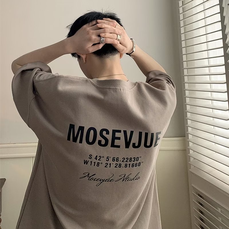 Cotton T-shirt【M-5XL】Japanese fashion casual men's short-sleeved T-shirt American Vintage khaki letter print round neck T-shirt Large loose and comfortable five-point sleeves