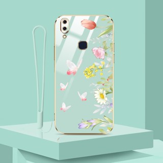 เคสโทรศัพท์มือถือ ลายดอกไม้ ผีเสื้อ พร้อมสายคล้อง หรูหรา สําหรับ Vivo V11 Pro Y97 V11i Y85 V9 Youth Vivo 1804 1814 1726 1727 1806