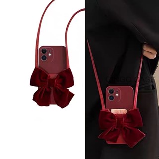 Red Silk Bow Card Bag Case for iPhone 14 Pro Max 13 Mini 12 11 Pro IP Xsmax Xs Max X Xr 6 6s 7 8 14 Plus Silicone Soft Phone 14promax 13pro 12pro SE Cover Hanging Rope Clip Bag