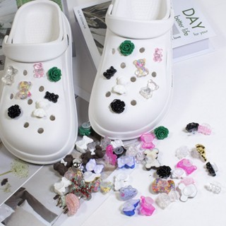 CROCS ใหม่ ชุดจิบบิทซ์ รูปหมีเจลลี่ กลิตเตอร์ สีชมพู สําหรับตกแต่งสวน DIY