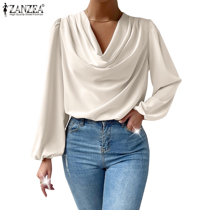 Zanzea เสื้อเบลาส์ คอวี ผ้าซาติน สไตล์ยุโรป สําหรับผู้หญิง