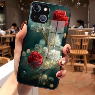 เคสโทรศัพท์มือถือกระจกนิรภัย แบบแข็ง ป้องกันกล้อง ลายดอกกุหลาบ อุปกรณ์เสริม สําหรับ iPhone 14 13 12 11 Pro XR XS Max 7 8