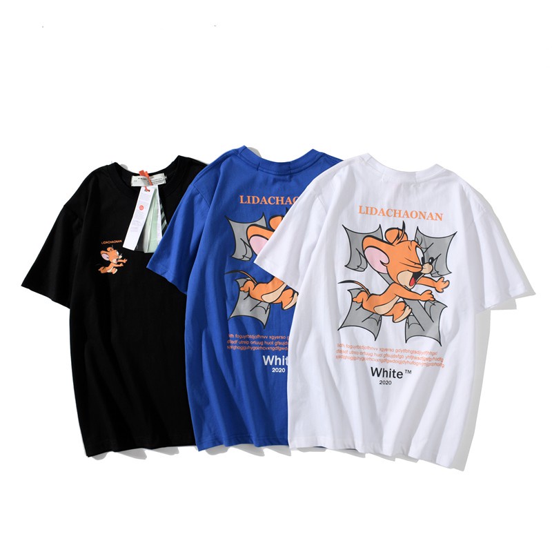 20ss OW Series OFF WHITE Cartoon Mouse Printed Arrow WHITE Black Blue Short Sleeves Tee_09