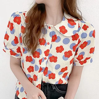 เสื้อเชิ้ตแขนสั้นลายดอกไม้ย้อนยุคใหม่สำหรับผู้หญิง เนื้อผ้าใส่สบาย เสื้อ สงกรานต์ ผู้หญิง