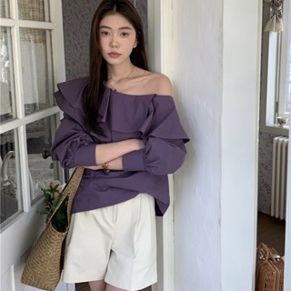 Suxi เสื้อเชิ้ตแขนยาว เปิดไหล่ ทรงหลวม สีพื้น เข้ากับทุกการแต่งกาย สําหรับผู้หญิง