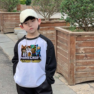 เสื้อยืดแขนยาว พิมพ์ลายการ์ตูน Minecraft Group Raglan สําหรับเด็กผู้ชาย และเด็กผู้หญิง