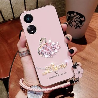 ใหม่ เคสโทรศัพท์มือถือ TPU นิ่ม ปิดด้านหลัง แบบป้องกัน ลายหงส์ กระต่าย ประดับเพชร พร้อมสายเชือกถัก แฟชั่น สําหรับ OPPO A58 A78 4G 2023 A584G