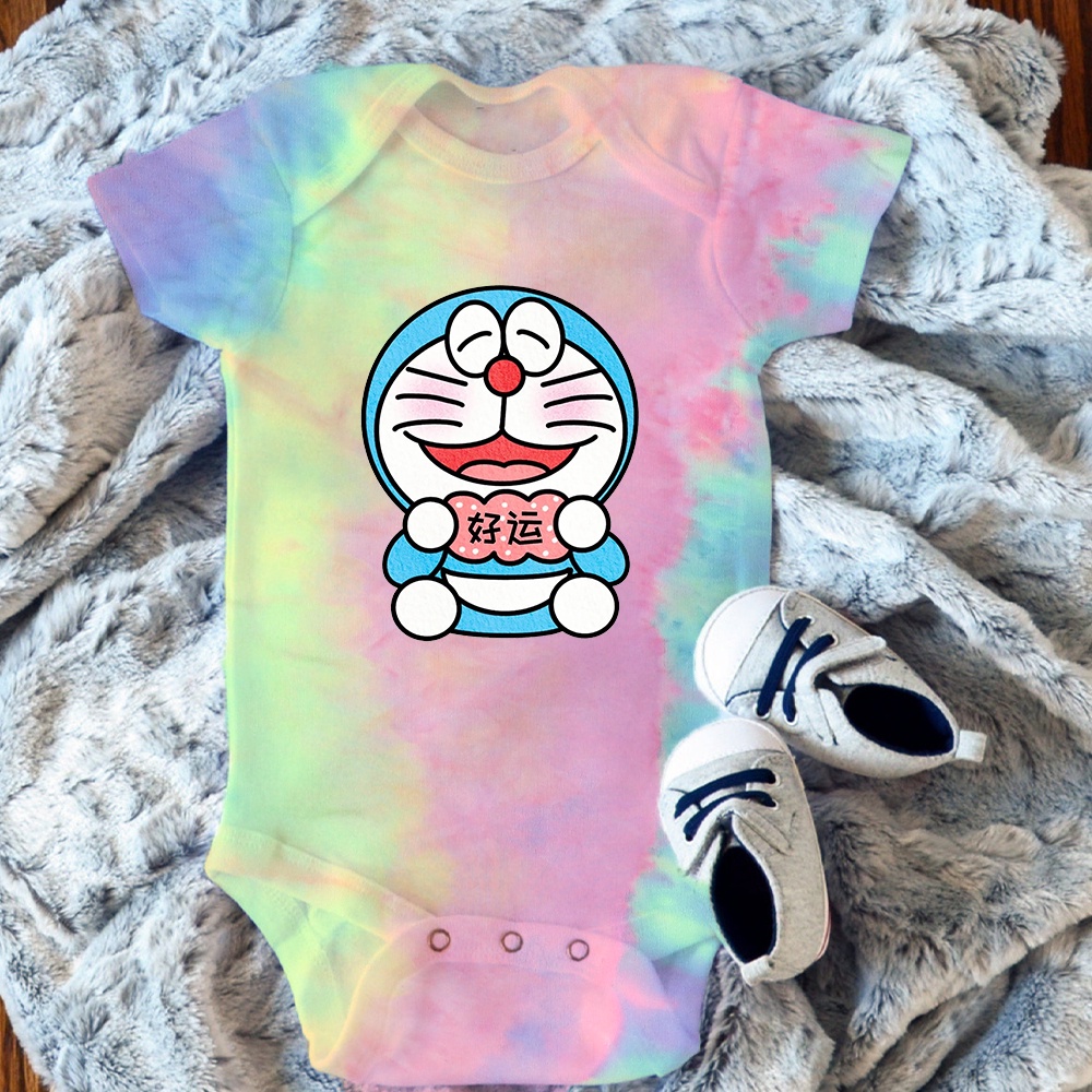 ชุดรอมเปอร์ แขนสั้น พิมพ์ลายโดราเอมอน สีมัดย้อม สําหรับเด็กทารก
