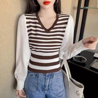 เสื้อยืด คอวี ลายทาง สไตล์ฝรั่งเศส เรโทร สําหรับผู้หญิง
