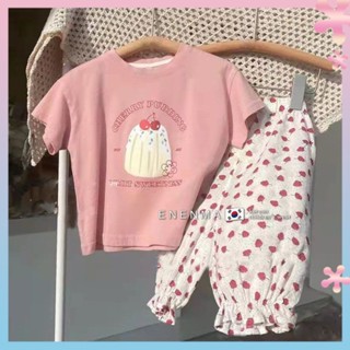 Korean 2022 summer new girls fashion cotton cake short sleeve Western style strawberry flared pants casual suit fashion