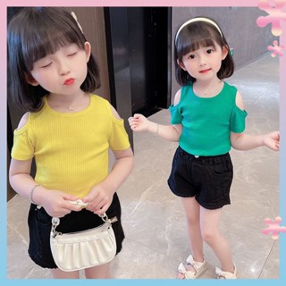 Girls short-sleeved T-shirt cool summer new childrens western style Korean style base shirt female babys off-shoulder short-sleeved top