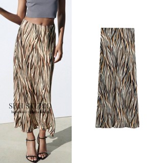 Zaras NEW SPRING LOOK SLIM กระโปรงสั้น พิมพ์ลาย MIDI เอวสูง 1165060