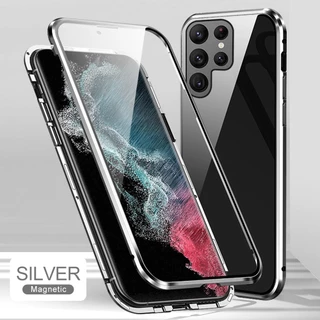 สําหรับ Samsung Galaxy S25 S24 S23 Ultra Plus S25Ultra S23Plus S23 + S23FE 5G Flip กันกระแทกปลอกสองด้านกระจกนิรภัยเคสโทรศัพท์โลหะแม่เหล็ก Hard ป้องกันปกหลัง