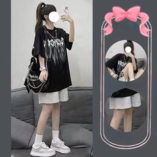 เสื้อยืดแขนสั้นฤดูร้อนวินเทจ + กางเกงขากว้างลําลองชุดทูพีซ