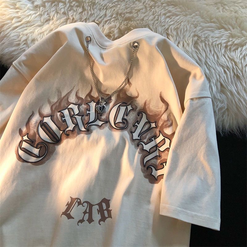เสื้อยืดแขนสั้น โอเวอร์ไซซ์ พร้อมสายโซ่คล้อง แฟชั่นฤดูร้อน สไตล์วินเทจ สําหรับผู้หญิง และผู้ชาย Y2k