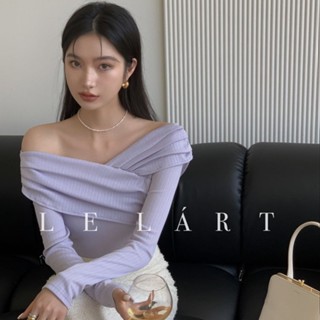 [พร้อมส่ง] เสื้อยืดแขนยาว เปิดไหล่ข้างเดียว สีม่วง สไตล์เกาหลี ฝรั่งเศส