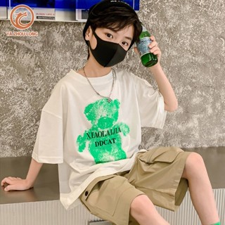 YA ZHOU LONG เสื้อยืดแขนสั้นผ้าฝ้ายแท้สำหรับเด็กชายและเด็กหญิง เสื้อครึ่งแขน สวมใส่สบาย ระบายอากาศได้