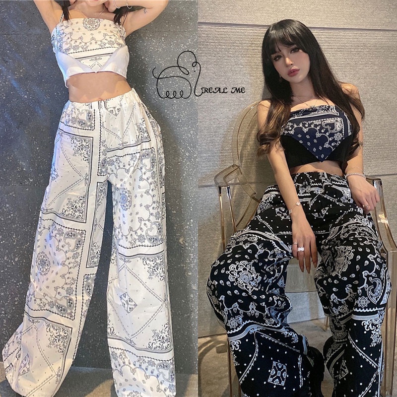 พร้อมส่ง ชุด Set 2 ชิ้น เสื้อยืดสายเดียว+กางเกงขายาวลายดอกใส่ ชุดเข้าเซ็ตเสื้อเอวลอย