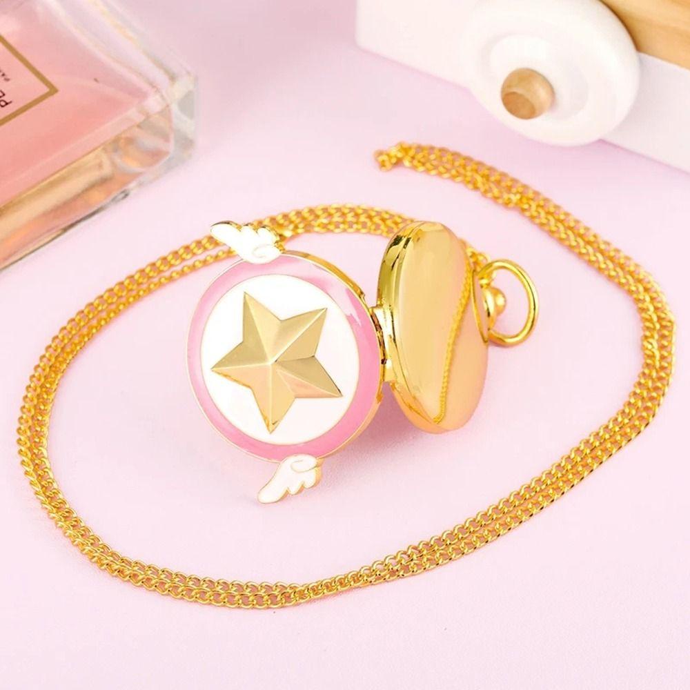 Fashionhubz SAILOR MOON นาฬิกาพ็อกเก็ตสไตล์ญี่ปุ่นแบบพกพา Sweet CARDCAPTOR SAKURA Star Wings คริสตัล Key Shape สร้อยคอนาฬิกา