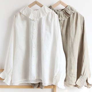 60177 เสื้อเชิ้ตแขนยาว ผ้าลินิน คอปกพับ ลายหมี สีพื้น ทรงหลวม สําหรับผู้หญิง