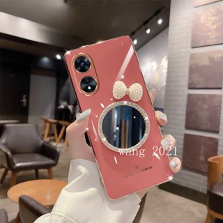 2023 New Casing OPPO Reno8 T 4G 5G เคส Phone Case with Makeup Mirror and Pearl Butterfly Bow Soft Case Back Cover เคสโทรศัพท