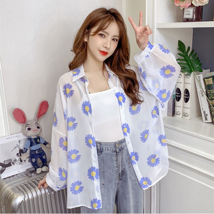 ได้ของเร็ว เสื้อกันแดดผู้หญิงเกาหลี ทรงหลวมผ้าบาง เสื้อเชิ้ตลายดอกเดซี่ฤดูร้อน แขนยาวผู้หญิง - รูปที่ 6