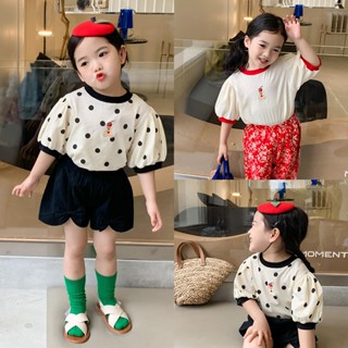 เสื้อยืดลําลอง แขนสั้น ปักลายจุดน่ารัก สไตล์เกาหลี สําหรับเด็กผู้หญิง