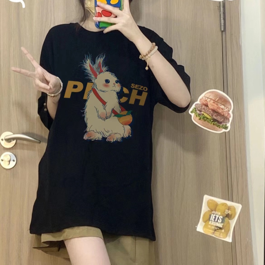 ผู้หญิงฤดูร้อนผ้าฝ้าย 100% กระต่ายพิมพ์เสื้อยืดแขนสั้น บวก ขนาด
