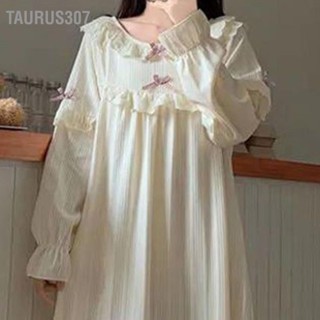 Taurus307 แขนยาว Nightdress ผู้หญิง Nightgown ชุดนอนสไตล์น่ารักโบว์หวานบางอุปกรณ์ในครัวเรือน