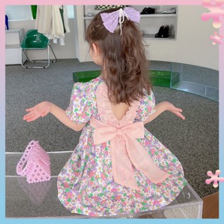 Girls summer dress 2022 new western style backless love childrens dress girls fresh floral cotton dress