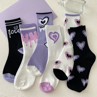 Kawaii Love Printed Socks Girls New Purple Socks Spring and Summer Harajuku Women High Beauty Fried Street Socks