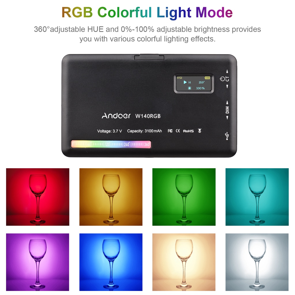 Andoer W140 ชุดไฟวิดีโอ LED RGB CRI95+ 2500K-9000K หรี่แสงได้ 20 เอฟเฟค พร้อมขาตั้งกล้อง หัวบอล สําหรับคอมพิวเตอร์ตั้งโต๊ะ