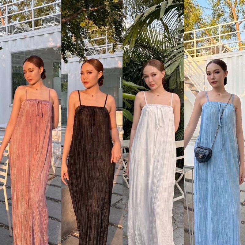 Teera❤️พร้อมส่ง✨เดรสยาวผ้าอัดพลีส ซาตินยืดนุ่มเงาสวยสุดๆ สายเดี่ยว ช่วงอกผูกโบว์แต่ง