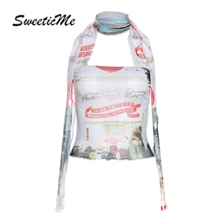 Sweeticme ใหม่ เสื้อกั๊กลําลอง เข้ารูป เปิดหลัง พิมพ์ลาย แฟชั่นสําหรับสตรี 2023