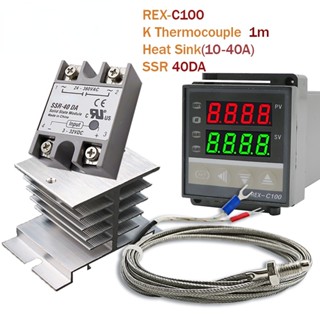 เทอร์โมสตัทควบคุมอุณหภูมิดิจิทัล PID REX-C100 + Max 40A SSR SSR-40DA + K Thermocouple M6 1M พร้อมฮีทซิงค์