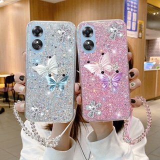 ใหม่ เคสโทรศัพท์มือถือ TPU แบบนิ่ม ลายผีเสื้อ ประดับกลิตเตอร์ มีสายโซ่คล้องมือ สําหรับ OPPO Reno8 T A78 5G 4G Reno 8 8T Reno8T OPPOA78 2023