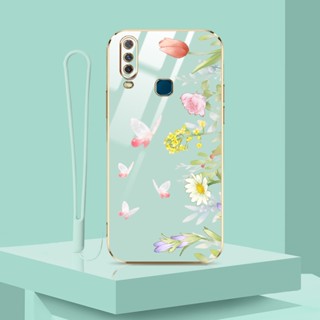 เคสโทรศัพท์มือถือ ลายผีเสื้อ ดอกไม้ พร้อมสายคล้อง หรูหรา สําหรับ Vivo Y17 Y15 Y12 Y12i Y11 2019 1901 1902 1904 1940 1906