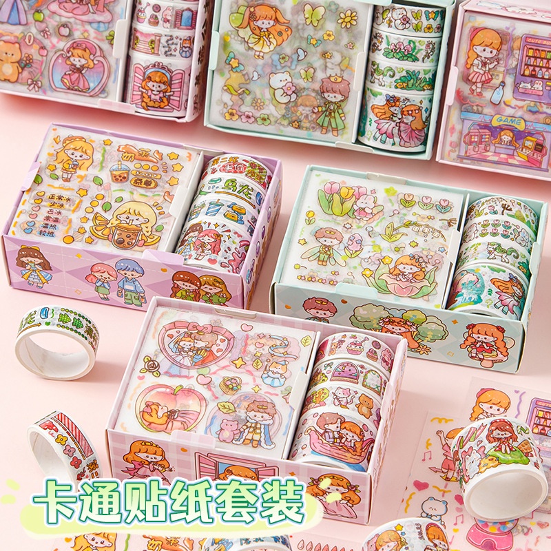 สติกเกอร์ เทปสติกเกอร์ ลายการ์ตูนน่ารัก 4 ม้วน และชุดกล่องของขวัญ 4 ม้วน สติกเกอร สติ้กเก้อ สติ้กเกอร์ เทปน่ารักๆ