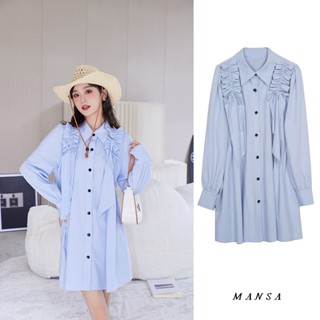 MANSA blue puff sleeve dress ชุดเดรสสั้น เดรส เดรสผู้หญิง ชุดเกาหลี