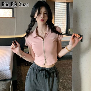 RUO BEI XUAN เสื้อผู้หญิง 2023 ใหม่ เสื้อครอปคาร์ดิแกนสไตล์เกาหลี