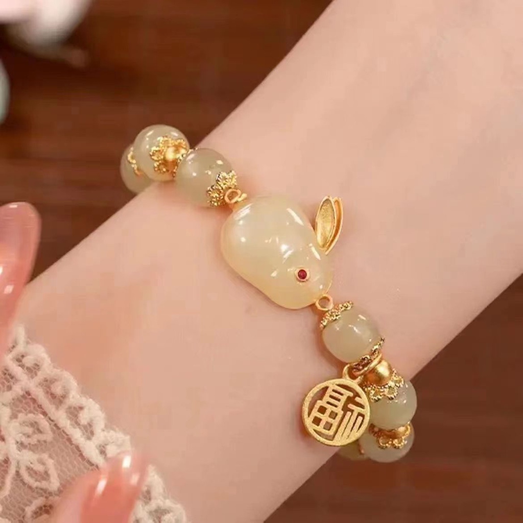 สร้อยข้อมือหยก รูปกระต่าย สไตล์จีนโบราณ คุณภาพสูง เหมาะกับของขวัญวันเกิด สําหรับนักเรียนหญิง