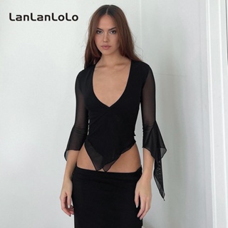 Lanlanlolo เสื้อยืดซีทรู แขนยาว คอวี เข้ารูป เซ็กซี่ สีพื้น สําหรับผู้หญิง 2023