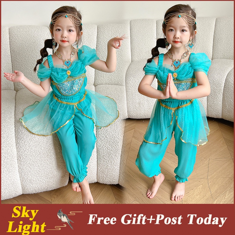 เครื่องแต่งกายคอสเพลย์เจ้าหญิงจัสมิน Aladdin The Magic Lamp Belly Dance พร้อมวิกผม สําหรับเด็กผู้หญิง เหมาะกับงานปาร์ตี้ฮาโลวีน คริสต์มาส เด็ก