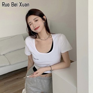 RUO BEI XUAN เสื้อยืดสตรี 2023 ใหม่สไตล์เกาหลีสลิมแขนสั้นคอกลมเซ็กซี่เสื้อครอป