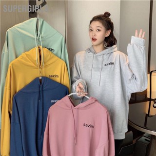 SUPERGIRLS ผู้หญิงสีบริสุทธิ์หล่นไหล่ Hoodie หลวมแขนยาว Drawstring เสื้อสเวตเตอร์สวมหัวพร้อมกระเป๋า