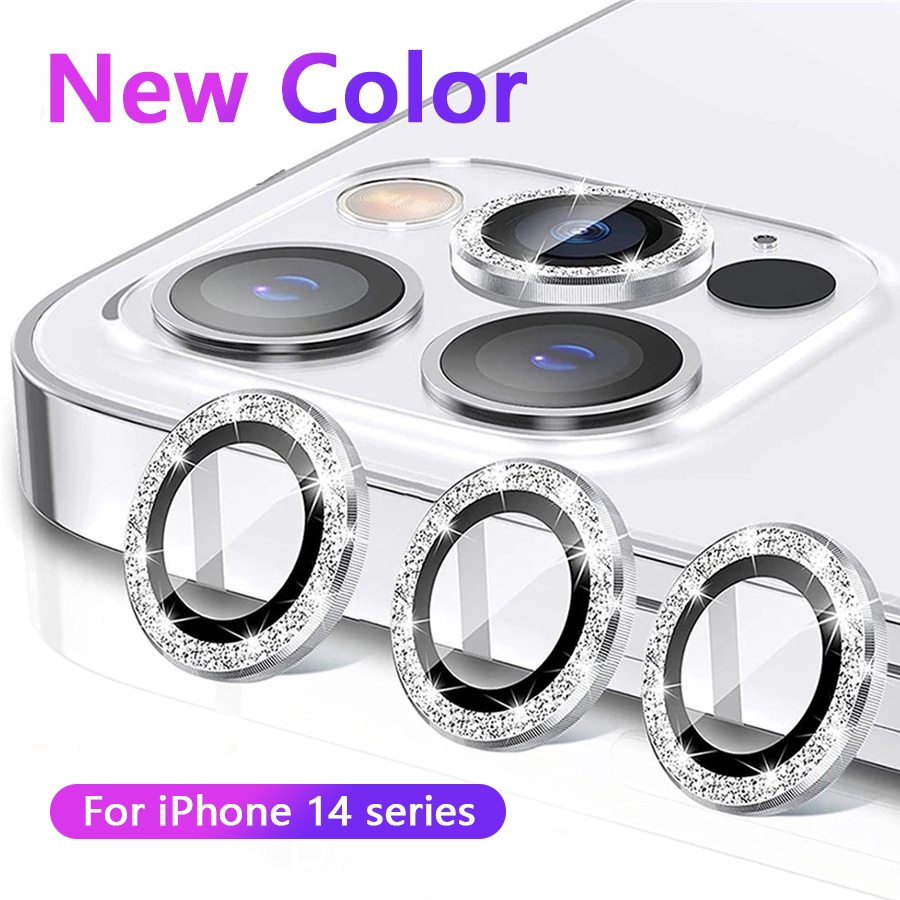 แหวนโลหะ ป้องกันเลนส์กล้อง ประดับกลิตเตอร์ พร้อมกระจกนิรภัย หลากสี สําหรับ For iPhone 14 15 16 13 11 12 Pro Max Mini / 14 15 16 Plus 1 ชิ้น