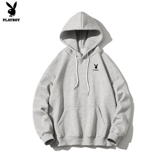 Playboy เสื้อกันหนาวลําลอง มีฮู้ด สีพื้น สไตล์สปอร์ต