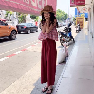 💥💥ชุดผู้หญิง  เสื้อกั๊กลายสก็อตเล็ก + กางเกงขากว้างเอวสูง  แฟชั่นฤดูร้อน 2022