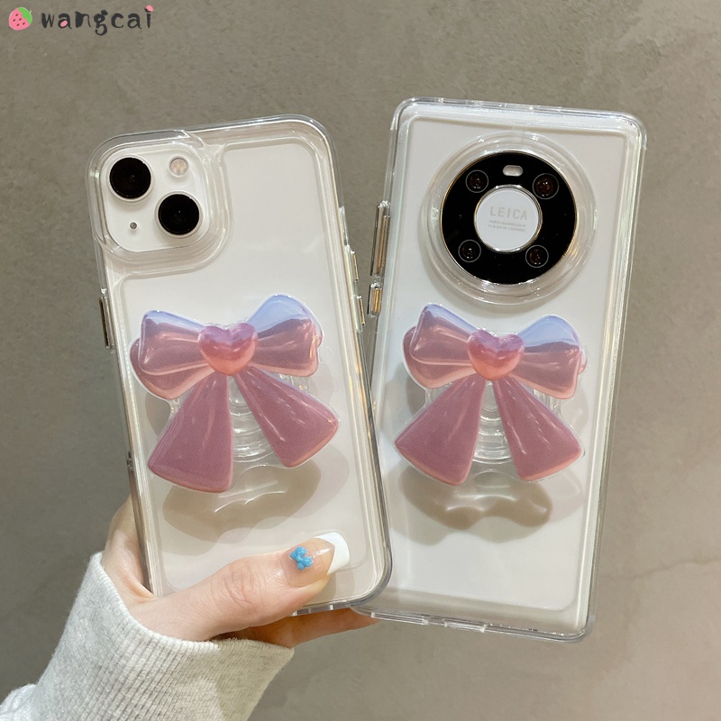 Huawei Y9s Y9 Prime 2019 Nova 9 8 7 SE 6 5 5T 4e P50 P40 P30 Lite P20 Mate 40 30 20 Pro เคสโทรศัพท์ สีชมพู โบ ที่ใส่ขาตั้ง เด็กผู้หญิง น่ารัก ใส เคสนิ่ม เคส